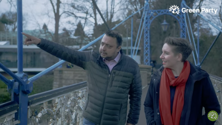 Screenshot from Greenparty political broadcast April 2023 - showing Naveen on bridge